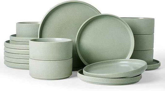 Famiware Star Dinnerware Set, Plates and Bowls Sets for 6 (18pcs), Ribbed Stoneware Dishes - Chip & Scratch Resistant, Microwave & Dishwasher Safe Kitchenware, Matte Sage Green