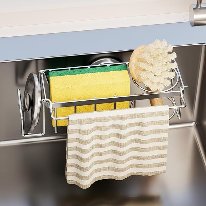 TAILI 4-in-1 Sponge Holder for Kitchen Sink with Strong Suction Cup Removable, Rustproof Stainless Steel Sink Caddy for Sponge, Brush, Scrubber, Scraper -Silver