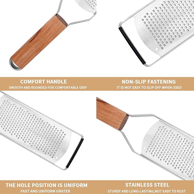 Professional Cheese Graters for Kitchen Stainless Steel Handheld,Durable Rust-Proof Metal Lemon Zester Grater With Wood Handle for Cheese,Chocolate,Spices,Kitchen Gadgets (Wideboard)
