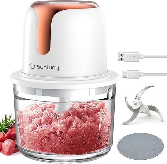 Sunfuny Cordless Food Processor, Mini Food Chopper Wireless with 5-Cup Glass Bowl, 6000mAh Battery USB-C Rechargeable Vegetable Chopper, Electric Meat Blender Garlic Grinder,Mom's Gift (Rose Gold)
