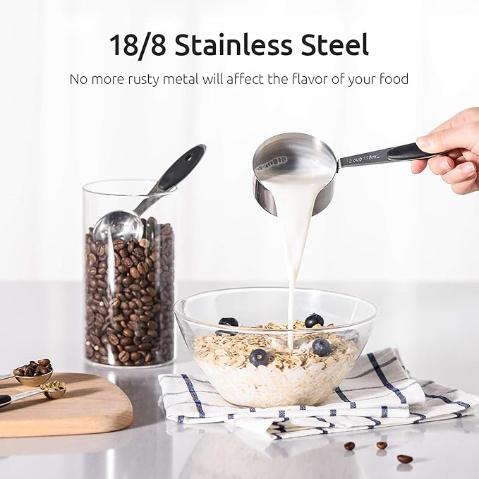 U-Taste 18/8 Stainless Steel Measuring Cups and Spoons Set of 10 and 600ºF Heat Resistat Silicone Flexible Baking Spoon Spatula & Cooking Scoop Spoonula (Black)