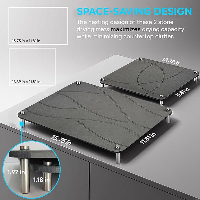 Nested Dish Drying Stone Mat with Bamboo Rack | 2 Pcs Diatomaceous Earth Stone Drying Mats for Kitchen Counter with Non-Slip Feet | Collapsible Large Drying Stone for Dishes (Dark Gray)