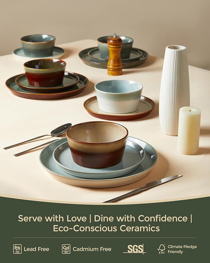 Pokini Plates and Bowls Sets for 6, Ceramic Dinnerware Sets, Kitchen Dish Set, Microwave & Dishwasher Safe Dishware, Highly Durable Reactive Glazed Dinner Set, Brown Green