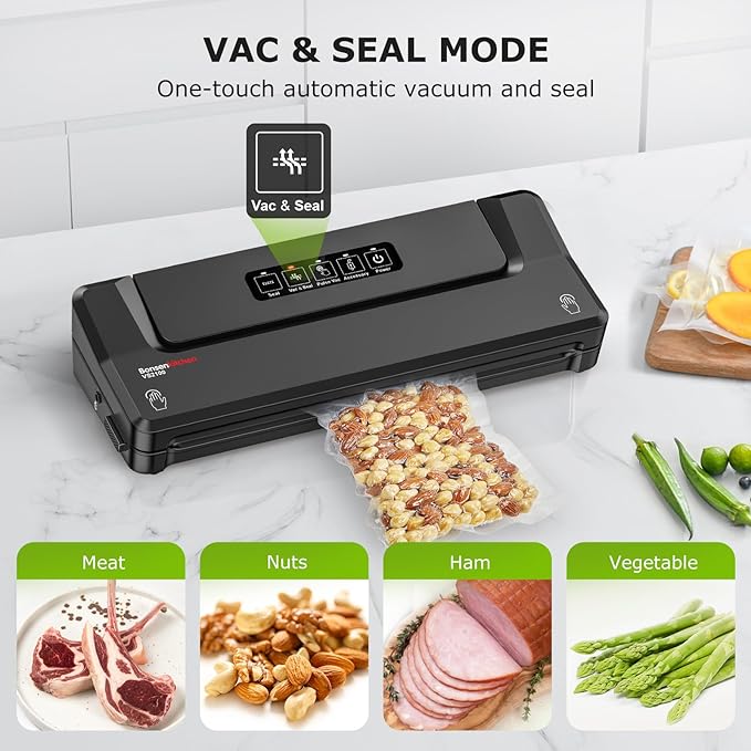 Bonsenkitchen Vacuum Sealer Machine with 40 Bags | Compact Food Sealer for Kitchen Storage & Meal Prep | Multiple Modes | External Vacuum System, Black
