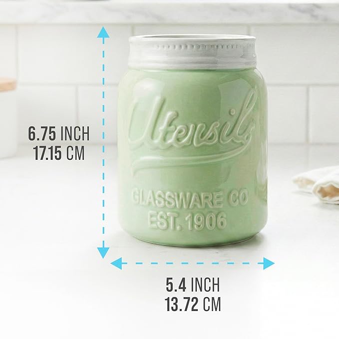 Comfify Wide Mouth Mason Jar Utensil Holder Decorative Kitchenware Organizer Crock, Dishwasher Safe - Kitchen Caddy Green, Large Size 7" Hight
