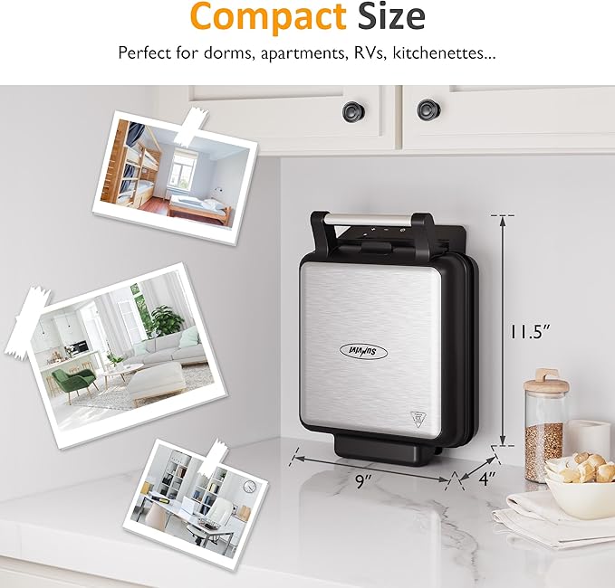 Sunvivi Waffle Maker Machine 4 Slices with Quick Heat-Up, Time & Temperature Control, LCD Display, Nonstick Surface, Perfect Waffle Iron for Kids and Families, Stainless Steel, Silver