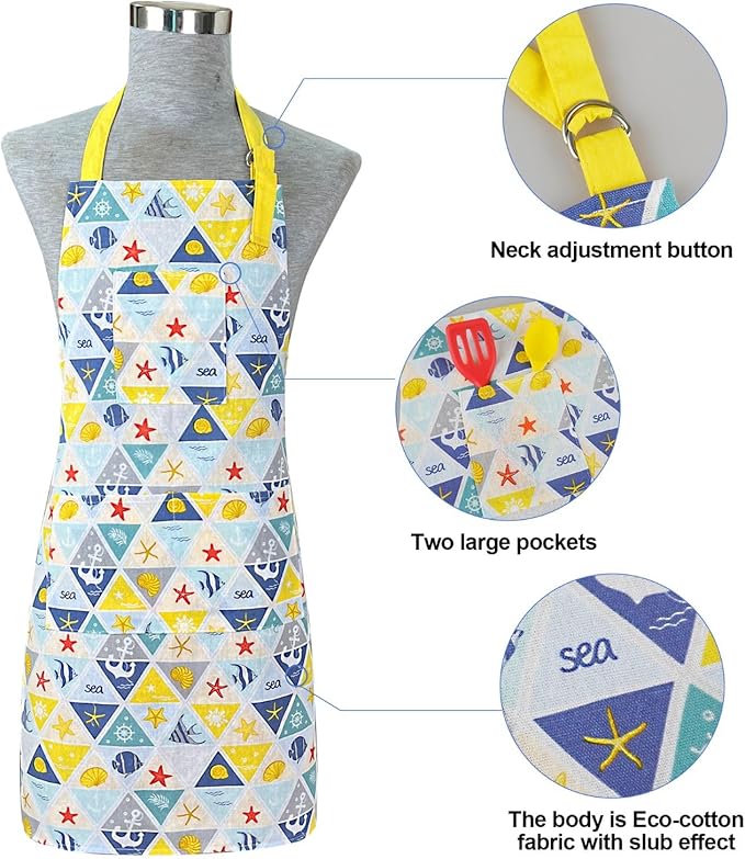 Alselo Oven Mitts and Pot Holders with Chef Apron,Set of 5 Heat Resistant Kitchen Gloves and Silicone Non-Slip Potholders Adjustable Neck Buckle Apron, Cotton Nice Design for Cooking (Sea Fish)