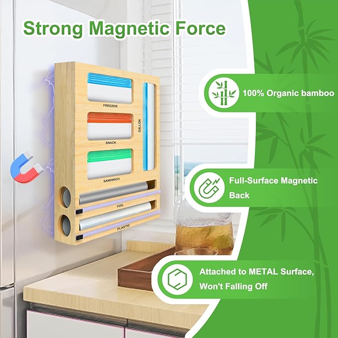 Magnetic Food Bag Storage Organizer for Drawer or Refrigerator, Compatible with Gallon,Quart, Sandwich, Snack & Variety Size Bags
