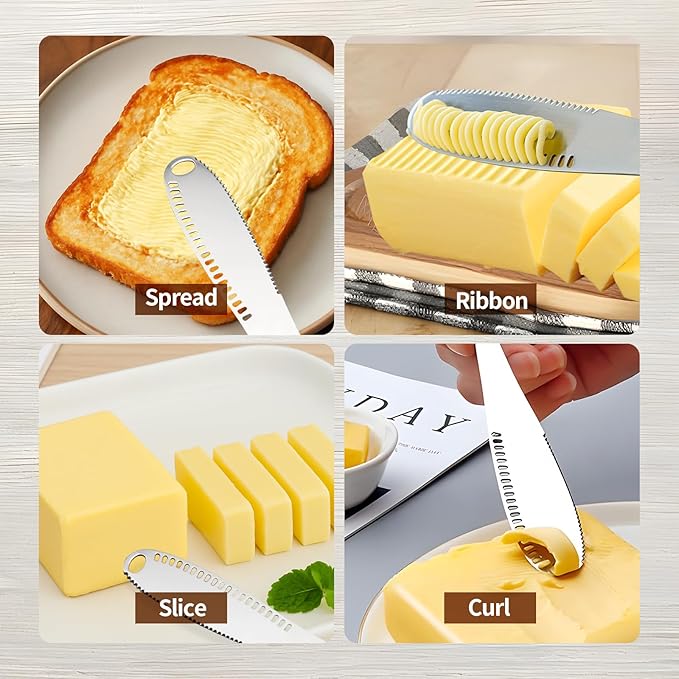 4 Pcs Butter Knife Spreader with Holes, 3 in 1 butter knife, butter curler knife, Butter Grater with Ergonomic Handle, stainless steel butter spreader for Butter, Cheese, Jam