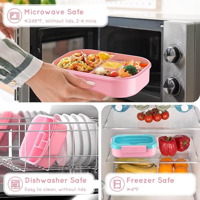 Lunch Box Kid Adult Bento Box, 4-Compartment Food Lunch Containers with Fork & Spoon, BPA Free, Leak-Proof Bento-Style Lunch Box for Work School, Microwave & Dishwasher Safe (Candy)