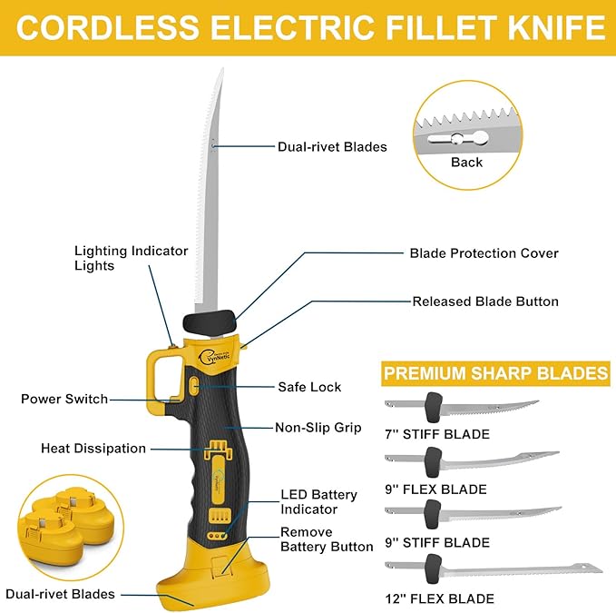 Electric Fillet Knife for Fish with 4 Stainless Steel Blades & Ergonomic Non-Slip Grip Handle, Cordless Electric Knife with 2 Rechargeable Batteries, Charger and Case for Fishing