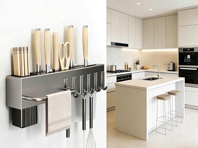 SEIDO Carbon Steel Utensil Rack – Space-Saving 16" L Kitchen Organizer with hooks & hanging bar, Gunmetal Gray Knife Holder, 2 Installation Options (Adhesive/Screwed)