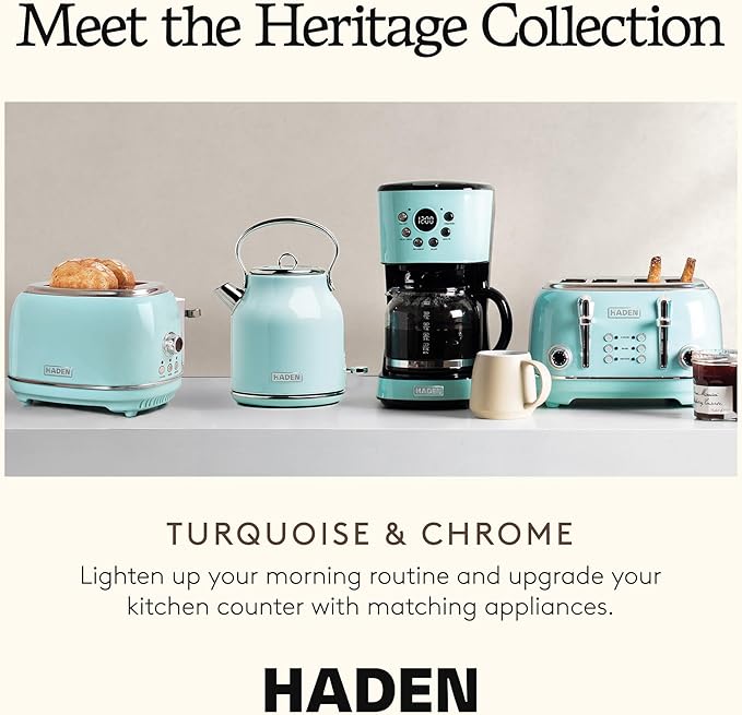 Haden Heritage 1.7 Liter Stainless Steel Electric Tea Kettle with Heritage 2 Slice Wide Slot Stainless Steel Bread Toaster, Turquoise