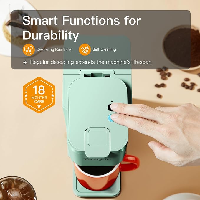 Tastyle Mini Hot and Iced Coffee Maker Single Serve, for K Cup and Ground, 6 to 14 Oz Brew Sizes, with Recipe Book, for Home, Travel, RV, Office and Dorm, Mint