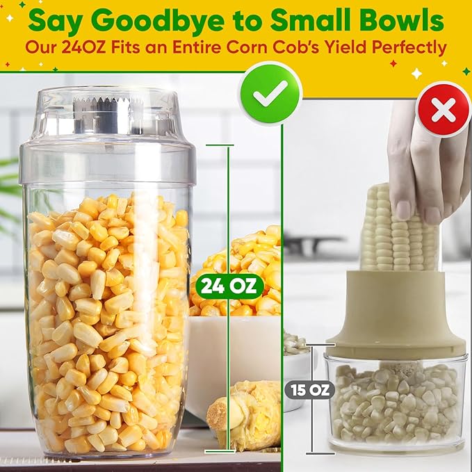 Newness Corn Peeler & Stripper for Corn on the Cob, Safe Blade Hidden Inside, Oversized No-Mess Cup, Serrated Blade for Easy Kernel Removal – Prep Corn in Seconds