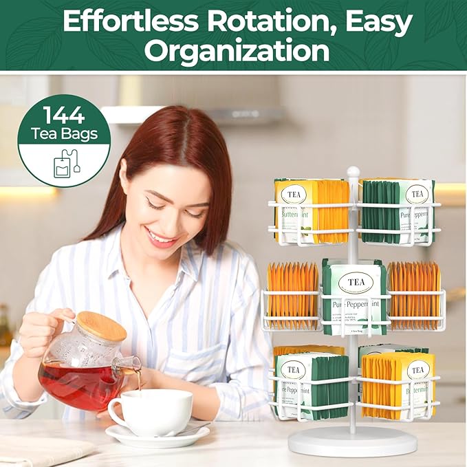 EsLuker.ly Tea Bag Holder Organizer for Counter 3 Tier Metal Tea Bag Storage Rack, Spinning Carousel Tea Packet Display Stand, Tea Organizer Station with Easy Access for Kitchen Office, White