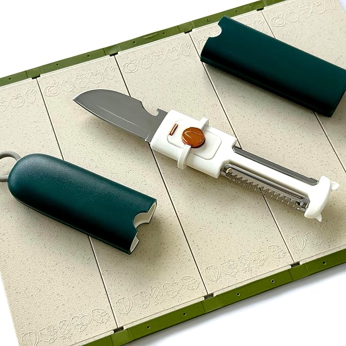5-in-1 Small Cutting Board Set，Multifunctional Travel Stainless Steel Fruit Knife with cover，Outdoor Portable Peeling Fruit Potato Peeler for Travel, Camping, Kitchen (grey)