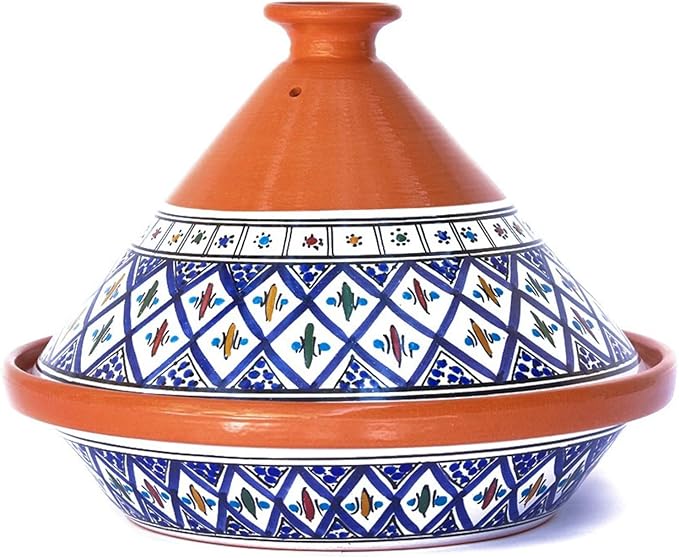 Kamsah Tagine Pot for Cooking and Flavor Enrichment - Large Clay Pot 12”, 5.5 QT - Non-Stick Handmade Cookware - Moroccan Ceramic Pots for Cooking with Lid & Serving Bowl - Bohemian Supreme Blue