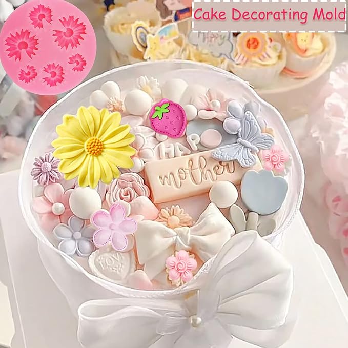 4Pcs Large Daisy Flower Silicone Molds Chrysanthemum Silicone Molds Small Flower Shapes Fondant Cake Chocolate Molds Polymer Clay Resin Mold for Cake Decoration Candy Ice Cube Wax Making DIY Craft