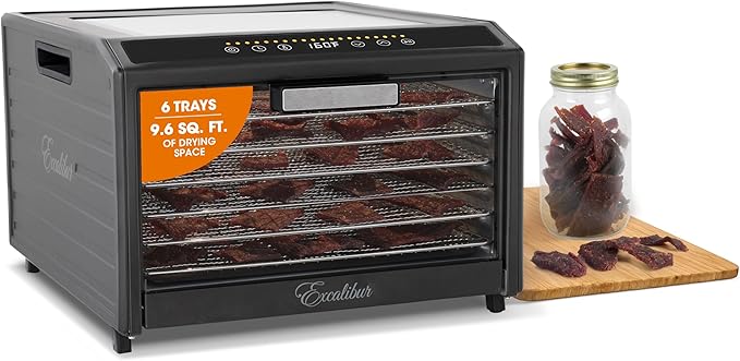 Excalibur Electric Food Dehydrator Performance Series 6-Tray with Adjustable Temperature Control Includes Stainless Steel Drying Trays Glass Door Top View Window and LED Display Progress Bar, Black