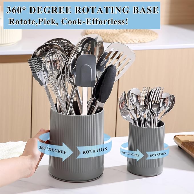 Kyraton Cooking Utensils Holder 2pcs, 360° Rotating Heavy Duty Plastic Kitchen Utensil Holder for Countertop, The Small Utensil Crock for Cutlery Silverware, Tooth Brush, Desk Pencil Pen