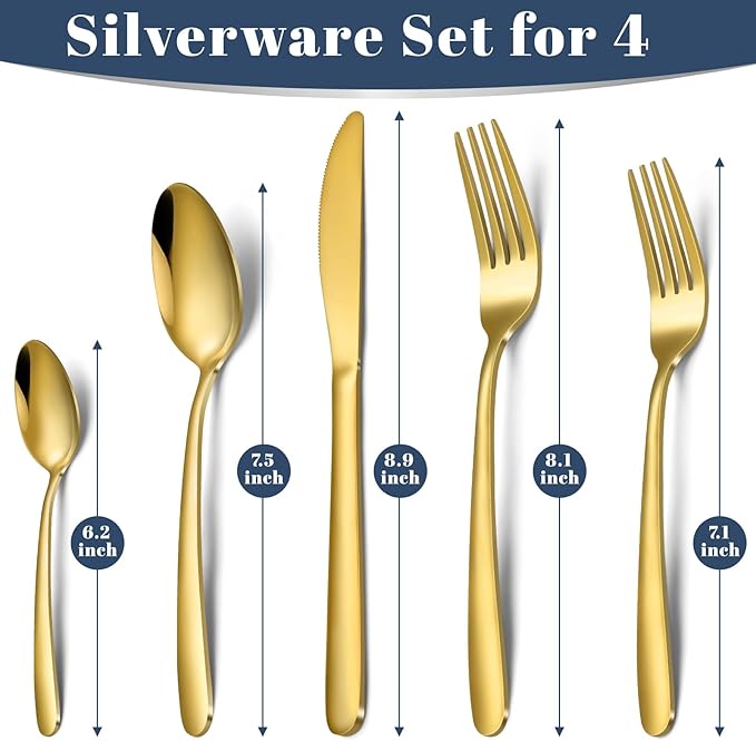 Hunnycook Gold Silverware Set - 20PCS Stainless Steel Silverware Set for 4, Includes Forks Spoons and Knives, Utensil Sets for Home Kitchen Restaurant, Dishwasher Safe
