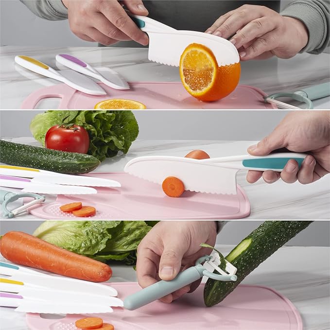 Plastic Fruit Knife Set with Cutting Board & Peeler: 5-Piece Safe Nylon Food-Grade Kitchen Kit for Safe Fruit & Veg Prep, Serrated Edges Lettuce Knife for Fruit, Bread, Cake, Salad