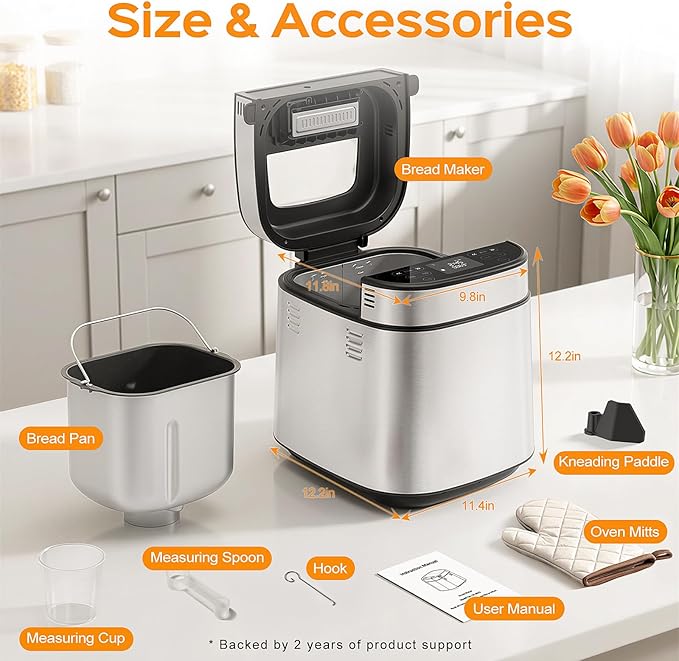 2.5LB Bread Maker with Built-in Electronic Scale, 25-in-1 Bread Machine, Beginner-Friendly with Adjustable Baking & Fermentation, Non-Stick Easy-Clean Pan, Quiet, 15H Delay, Recipes, White