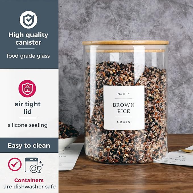 HHMJSM Large Glass Storage Jars With Airtight Bamboo Lid - 100 Fl Oz Thicken Kitchen Glass Food Storage Canister With 42 Pantry Labels - Big Clear Flour And Sugar Containers Farmhouse
