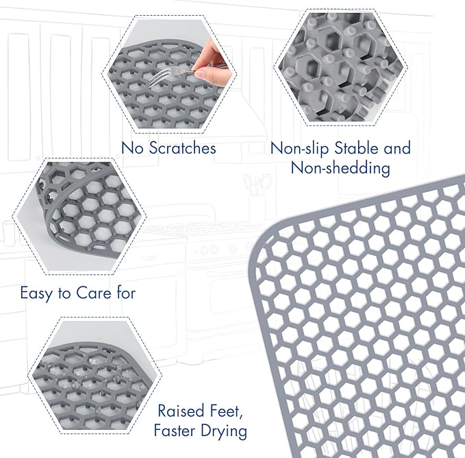 Bestjing Silicone Sink Protectors for Kitchen Sink - 28.4"x 14.3" Kitchen Protector Mat Accessory, Non-Slip Heat Resistant Mat for Bottom of Farmhouse Porcelain Stainless Steel, Dishwasher Safe (Gray)