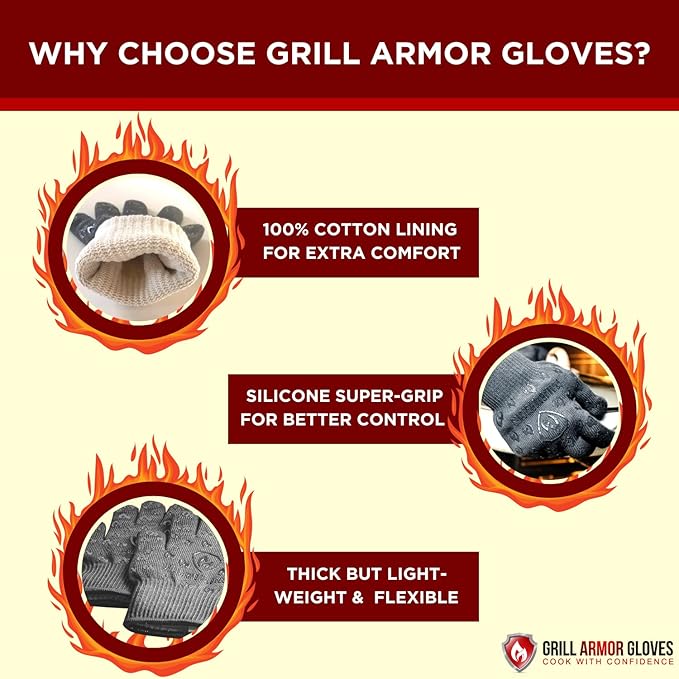 Grill Armor Oven Gloves with Fingers – 932°F Heat, Fire & Cut Resistant Mitts for BBQ, Grill, Cooking, Grilling, Baking, Smoker & Fire Pit