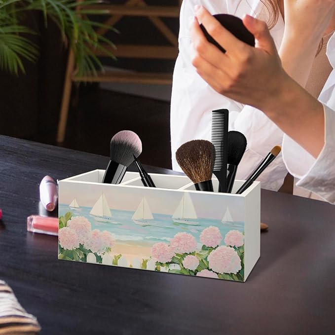 Pastel Pink Coastal Hydrangeas Wooden Utensils Holder, Aesthetic Beach Nautical Sailboat Seascape Wood Cooking Utensil Holder Organizer for Kitchen Countertop Counter Decor Accessories