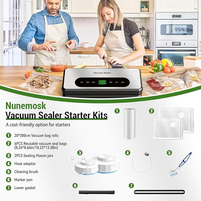 Vacuum Sealer for Food, Food Saver Vacuum Sealer Machine, Powerful Suction, Build-in Cutter, UV Compact Food Sealer, Dry&Wet Modes, Vacuum Sealer Kit with Bag Roll&Mason Jars&Reusable Vacuum Seal Bags