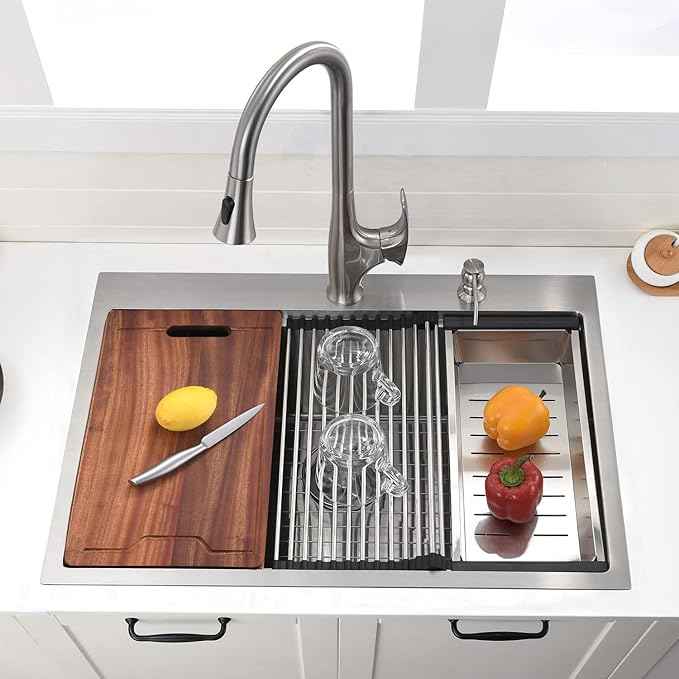 30 Inch Drop In Kitchen Sink Workstation Stainless Steel - VOKIM 30 x22-Inch Single Bowl Kitchen Sink 16 Gauge Stainless Steel 10'' Deep Handmade Kitchen Sink with Cutting Board& Strainer