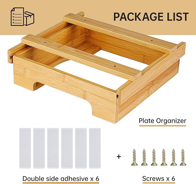 Paper Plate Dispenser - 9 inch Bamboo Paper Plate Dispenser Under Cabinet, Kitchen Counter Vertical Paper Plate Holder Organizer Countertop Caddy (Bamboo)