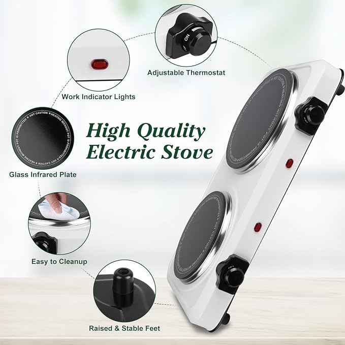 Electric Countertop Double Burner, 1800W Cooktop with Glass Hot Plate, Stepless Temperature Control, Easy to Clean, Indicator Lights, Compatible Cooking Stove for Office Home Camping RV