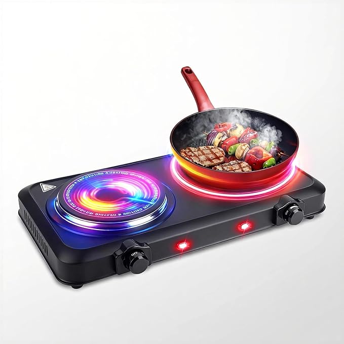 Electric Countertop Double Burner, 1800W Cooktop with Glass Hot Plate, Stepless Temperature Control, Easy to Clean, Indicator Lights, Compatible Cooking Stove for Office Home Camping RV