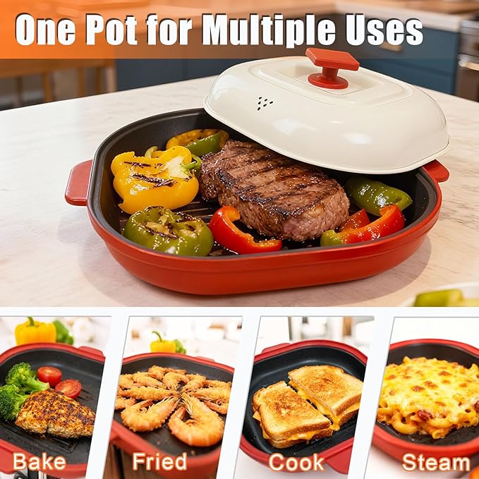 AHJ Microwave Grill Pan with Lid, Microwave Cooker Multi-Use for Grilling, Frying, Browning and Crisping, Microwave Griller & Crisper Pan for Grill Meat, Sandwich, Vegetable, Egg, Potatoes (Red)