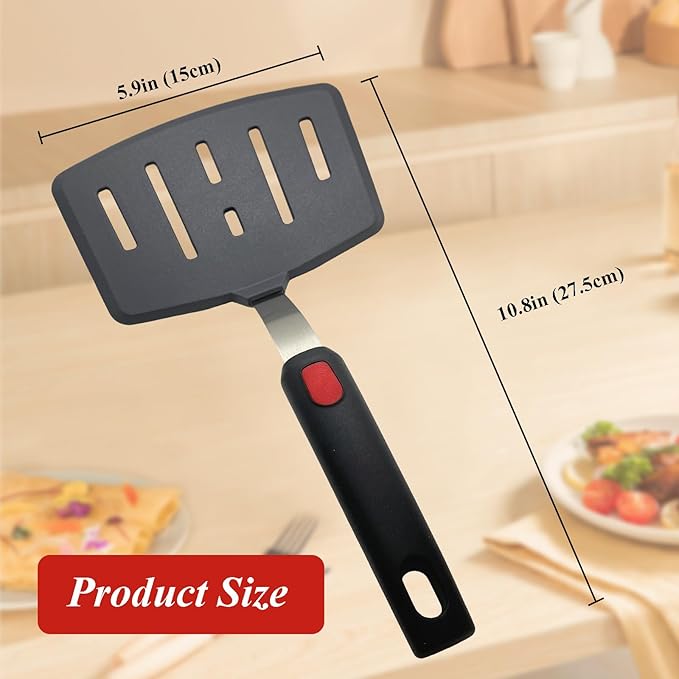 Silicone Spatula Turner Set of 2, Heat Resistant Pancake Spatulas for Nonstick Cookware Pan, Wide Slotted Cooking Spatula for Omelette Egg Fish, Thin Flexible for Kitchen Use, Dishwasher Safe, Black