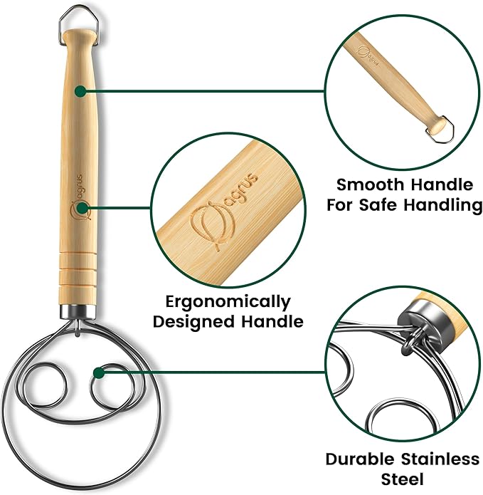 Danish Dough Whisk for Making Bread and Baking, Long Wooden Handle