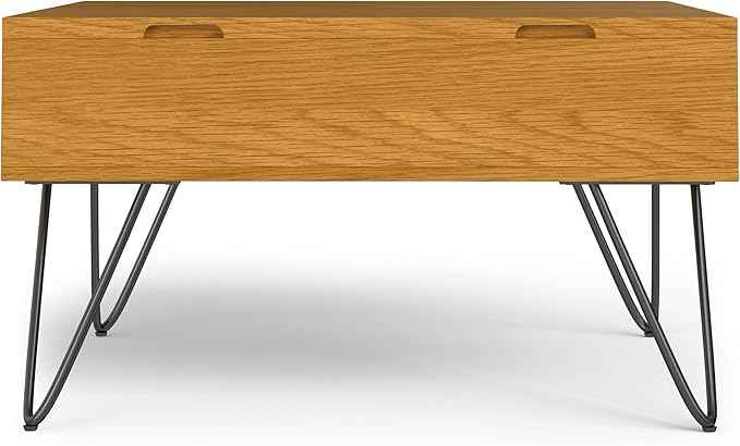 SIMPLIHOME Hunter Lift Top Coffee Table - 32 inch Wide Oak Veneer and Metal Industrial Square Lift Top Cocktail Table in Oak, Living Room Table with Dual Lift Tops, Hidden Storage and Hairpin Legs