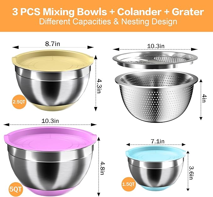 Nicdiet Mixing Bowls with Airtight Lids, Stainless Steel Mixing Bowl Set with 3 Metal Nesting Bowls, Colander & Grater, Non-Slip Bottoms, Size 1.5, 2.5, 5 QT, Great for Mixing & Serving, Mutilcolor