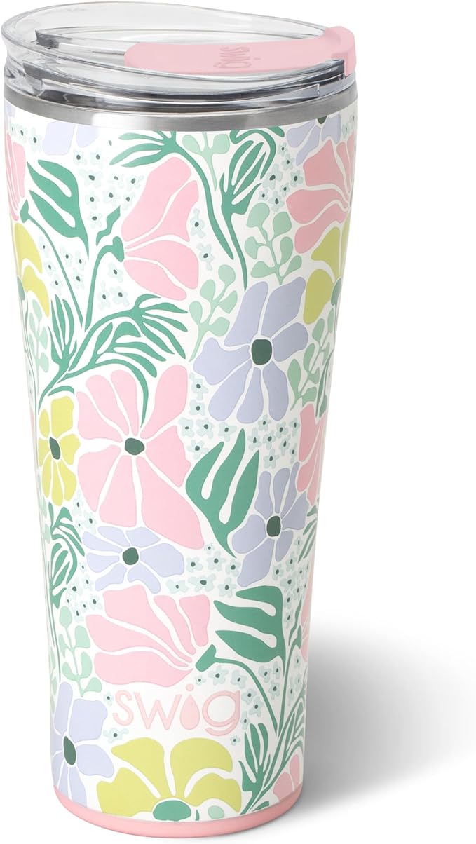 Swiglife 32oz Insulated Tumbler, Travel Coffee Tumbler with Lid, Cup Holder Friendly Travel Coffee Mug, Stainless Steel with Lid (Garden Party)