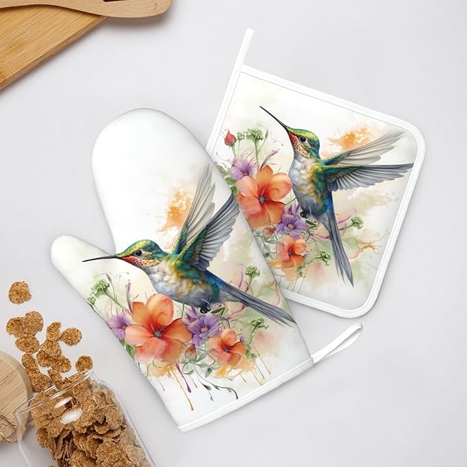 Oven Mitts and Pot Holders Watercolor Hummingbird Flower Silicone Kitchen Accessories Set of 4 Heat Resistant Long Gloves Potholder Non-Slip Grip for Chef Cooking Baking Grilling BBQ