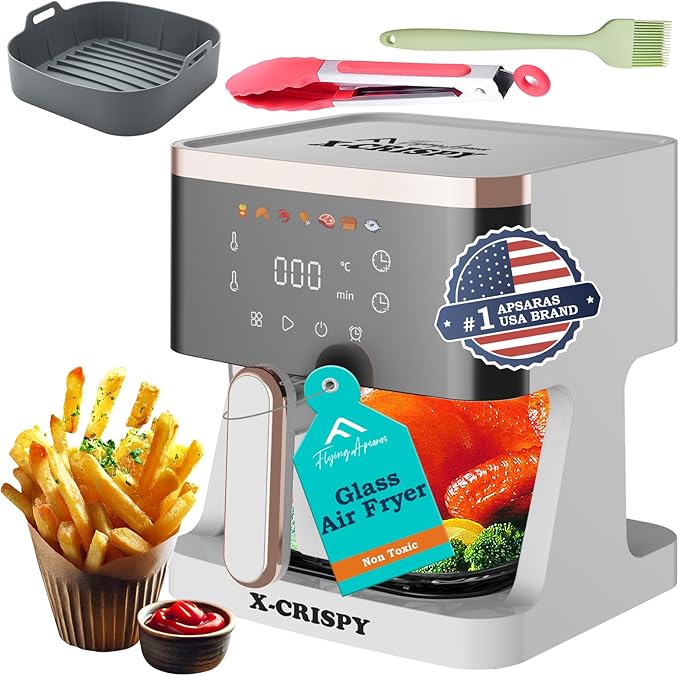 APSARAS USA Air Fryer Glass, 5.2QT Convection Oven Glass Air Fryer Non Toxic, Transparent Fry Bowl | Cook Shrimp, Steak, Fries, Wings, Chicken & More | Precise Temperature Control & Time