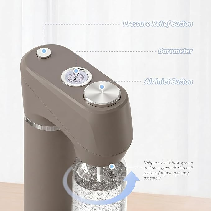 Home Sparkling Water Soda Maker with 2 BPA-Free Bottles (1L + 0.5L) - Carbonated Water Seltzer Fizzy Drink Machine, Compatible with Screw-In 60L CO2 Carbonator (Not Included), Gray