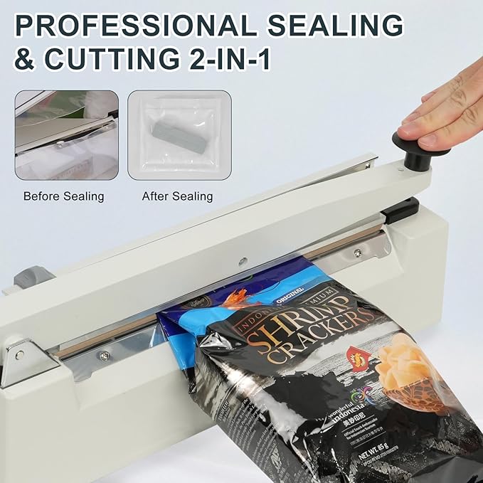 Impulse Heat Sealer with Sealing Bar: Heavy-Duty Bag Sealer with Extra Cutting Blade (White, 8-Inch)