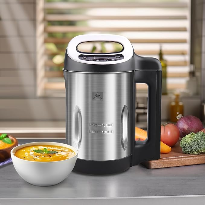 Soup Maker 1.6 L, 4-in-1 Multifunctional Smooth Soup and Chunky Soup Machine Maker with LCD Control Panel, Stainless Steel Electric Hot Soup Maker, 2-5 Servings, Smart Living for Home Use