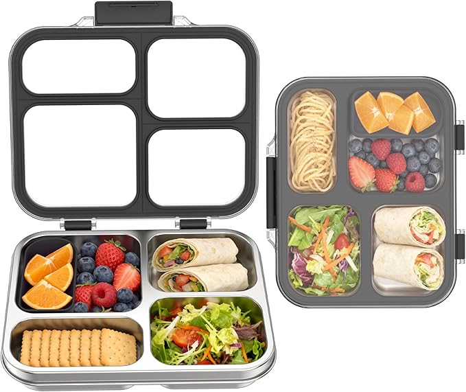 Stainless Steel Bento Box for Kids with Silicone Container, 4 Compartment Metal Lunch Box Kids Adults, Removable Silicone Seal & Clear Lid, Leak Proof Food Storage Container for MealBlack