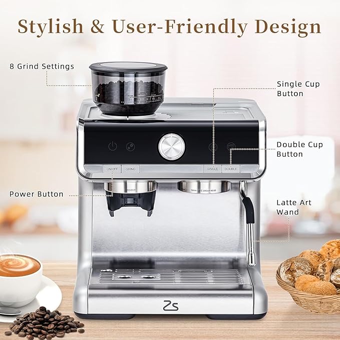 GarveeHome Espresso Machine With Grinder, 20 Bar Semi-Automatic Espresso Coffee Maker With Milk Frother Steamer Wand Cappuccino Latte Macchiato, 95 oz Water Tank, PID Temperature Control, Silver2